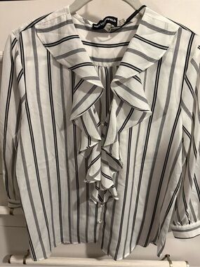 Karl Lagerfeld White and Black Striped Ruffle Blouse